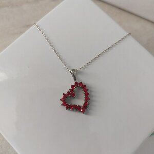 Red Crystal Heart Silver Necklace 925 Sterling Chain 19 Inch Vintage Valentine